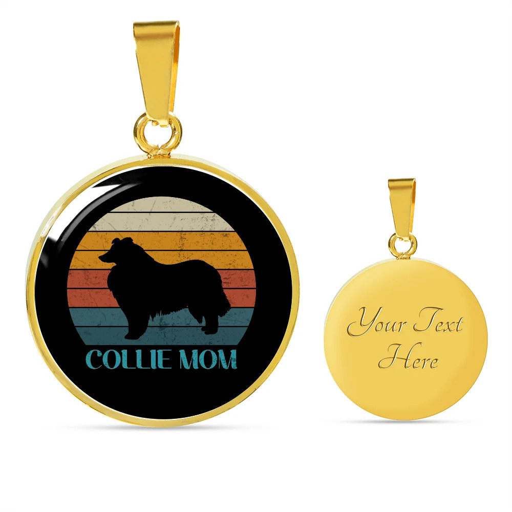 White Collie Mom Personalized Engraved Gold Circle Necklace Custom Name Date Gi